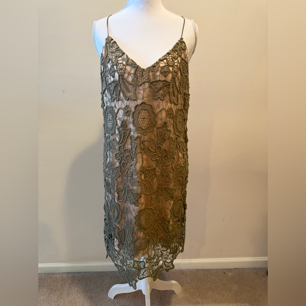 Lavender Brown Lace Crochet Overlay Green Racerback Dress Size Medium